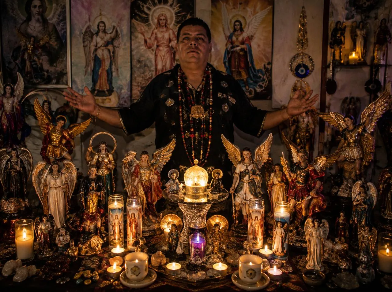 Curandero espiritual frente a altar de ángeles